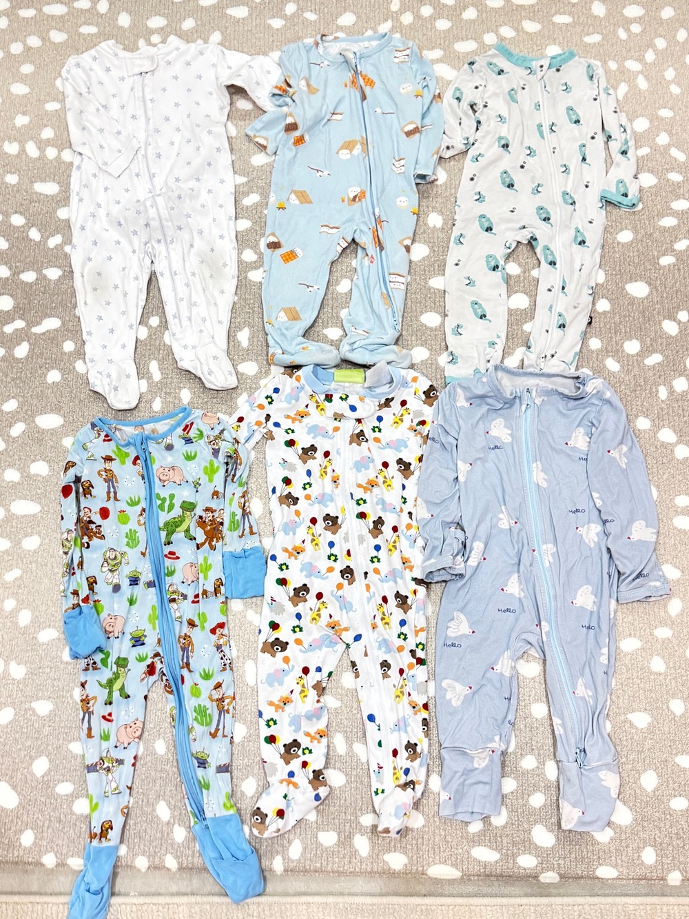 Lot of 6 bamboo footies pima zippy toy story kyte baby boy birthday smore’s dogs